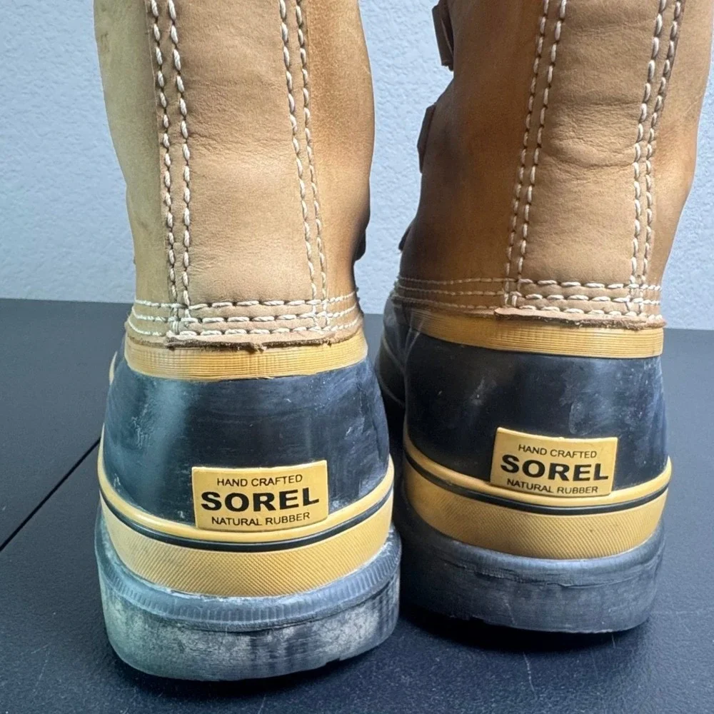 Sorel Caribou Mens Waterproof Winter Snow Pac Boots Buff Black Leather Rubber 10